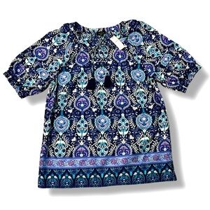 NEW Talbots Top Blouse Paisley Peasant Style Short Sleeve 100% cotton Blue XS